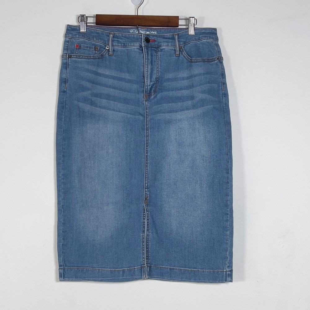 Peace Love World Denim Pencil Midi Skirt Women Sz 10P Blue Front Slit